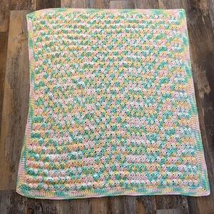 Handmade Teal, Yellow, Pink, & White Crochet Blanket Multicolor
